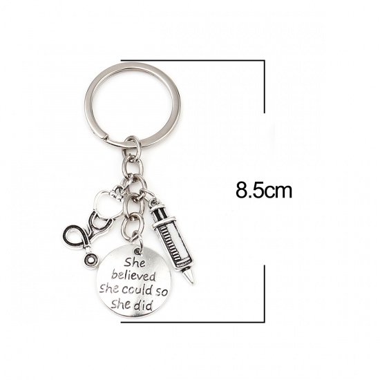 Picture of Medical Keychain & Keyring Antique Silver Color Syringe Stethoscope Message " She believed she could So she did " 85mm, 1 Piece