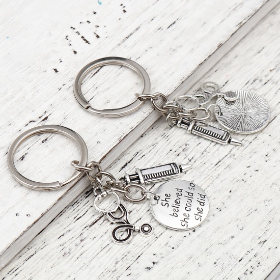 Picture of Medical Keychain & Keyring Antique Silver Color Syringe Stethoscope Message " She believed she could So she did " 85mm, 1 Piece