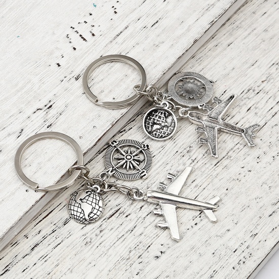 Picture of Travel Keychain & Keyring Antique Silver Color Airplane Compass 10cm, 1 Piece