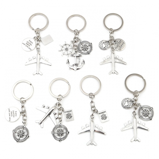 Immagine di Travel Keychain & Keyring Antique Silver Color Airplane Compass 10cm, 1 Piece