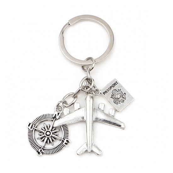 Picture of Travel Keychain & Keyring Antique Silver Color Airplane Compass Message " passport " 9cm, 1 Piece