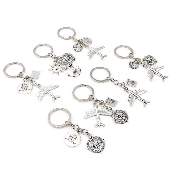 Picture of Travel Keychain & Keyring Antique Silver Color Airplane Compass Message " passport " 9cm, 1 Piece