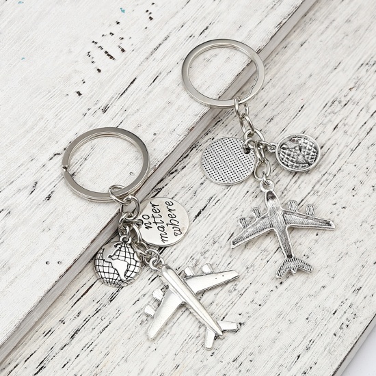 Picture of Travel Keychain & Keyring Antique Silver Color Globe Airplane Message " No Matter Where " 10cm, 1 Piece