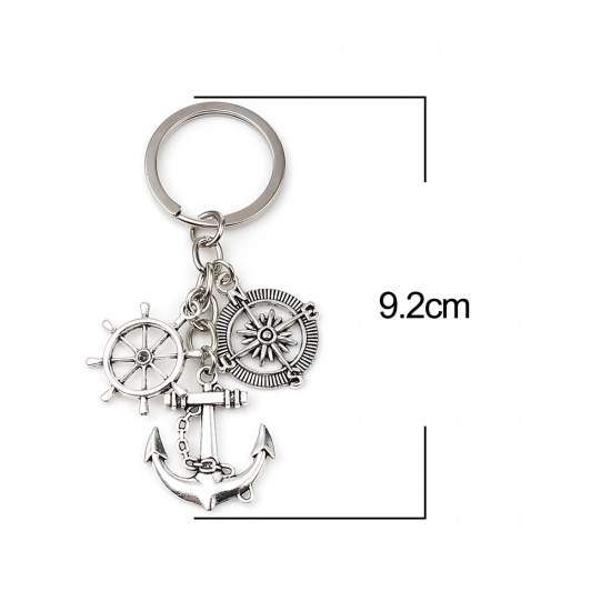 Изображение Travel Keychain & Keyring Antique Silver Color Anchor Compass 9.2cm, 1 Piece