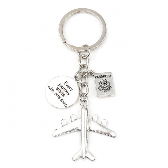 Изображение Travel Keychain & Keyring Antique Silver Color Passport Airplane Message " Every journey starts with one step " 10cm, 1 Piece
