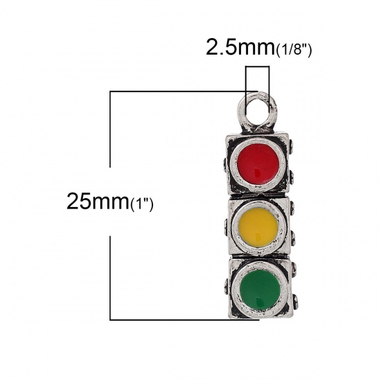 Picture of Zinc Metal Alloy 3D Charm Pendants Traffic Signals Antique Silver Red & Green & Yellow Enamel 25mm(1") x 8mm( 3/8"), 10 PCs