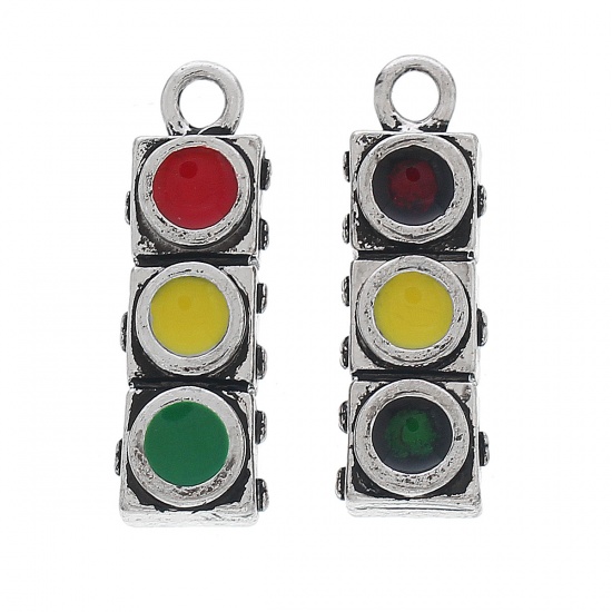 Picture of Zinc Metal Alloy 3D Charm Pendants Traffic Signals Antique Silver Red & Green & Yellow Enamel 25mm(1") x 8mm( 3/8"), 10 PCs