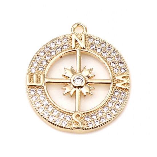 Picture of Brass Micro Pave Charms 18K Real Gold Plated Compass Clear Rhinestone 21mm x 19mm, 1 Piece                                                                                                                                                                    