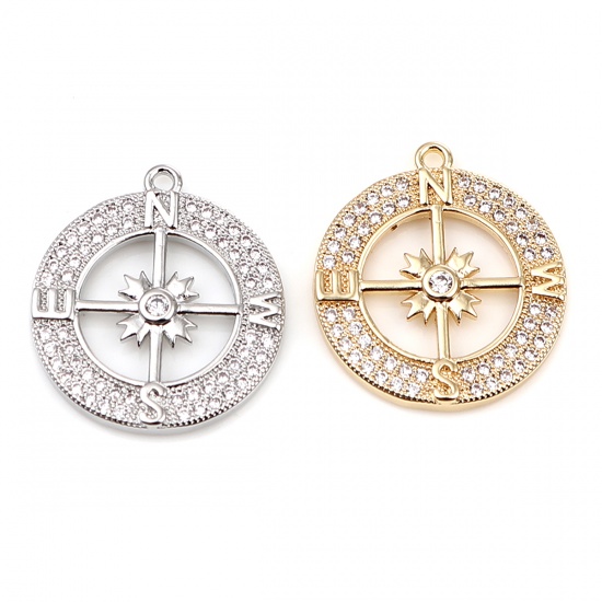 Picture of Brass Micro Pave Charms 18K Real Gold Plated Compass Clear Rhinestone 21mm x 19mm, 1 Piece                                                                                                                                                                    