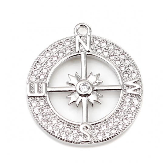 Picture of Brass Micro Pave Charms 18K Real Platinum Plated Compass Clear Rhinestone 21mm x 19mm, 1 Piece                                                                                                                                                                