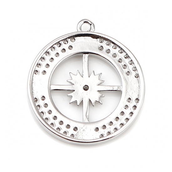 Picture of Brass Micro Pave Charms 18K Real Platinum Plated Compass Clear Rhinestone 21mm x 19mm, 1 Piece                                                                                                                                                                