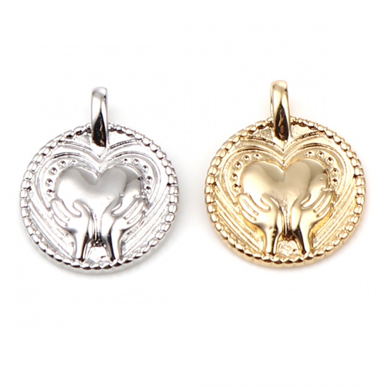 Picture of Brass Charms 18K Real Platinum Plated Round Heart 21mm x 17mm, 2 PCs                                                                                                                                                                                          
