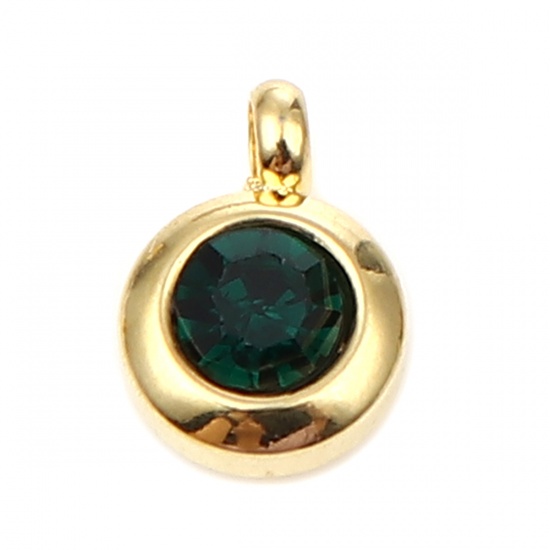 Picture of 304 Stainless Steel & Glass Charms Gold Plated Dark Green Round 9mm x 7mm, 2 PCs