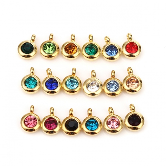 Picture of 304 Stainless Steel & Glass Birthstone Charms Gold Plated Green Round August 9mm x 7mm, 2 PCs