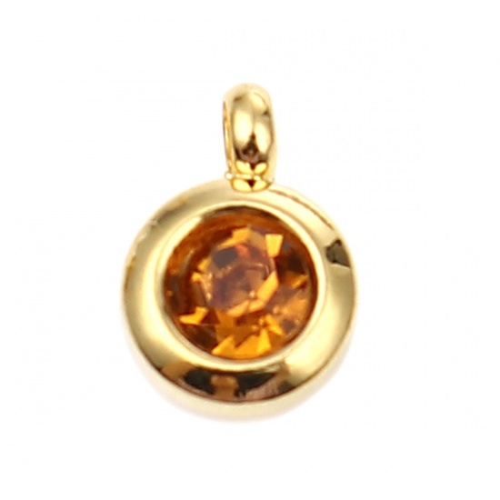 Picture of 304 Stainless Steel & Glass Birthstone Charms Gold Plated Orange Round November 9mm x 7mm, 2 PCs