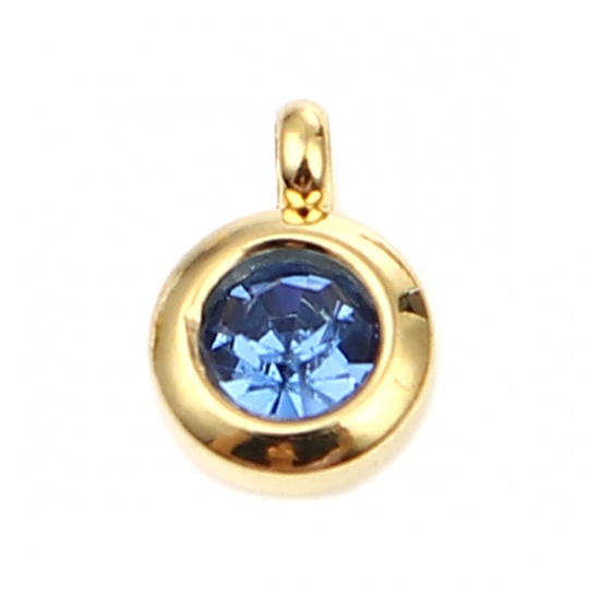 Picture of 304 Stainless Steel & Glass Birthstone Charms Gold Plated Dark Blue Round September 9mm x 7mm, 2 PCs