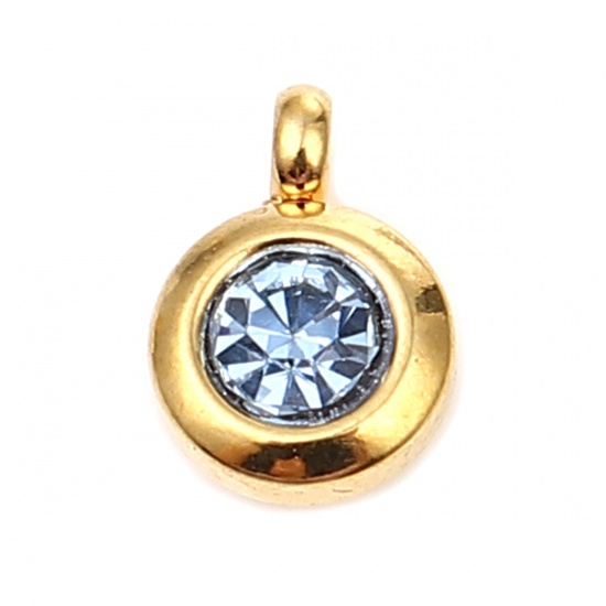 Picture of 304 Stainless Steel & Glass Charms Gold Plated Light Blue Round 9mm x 7mm, 2 PCs