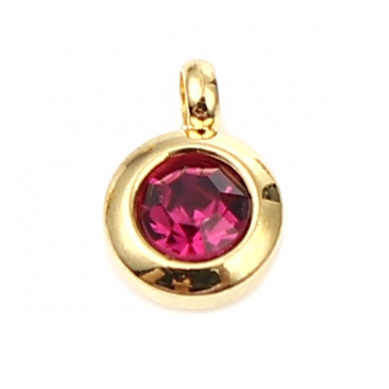 Picture of 304 Stainless Steel & Glass Birthstone Charms Gold Plated Fuchsia Round February 9mm x 7mm, 2 PCs