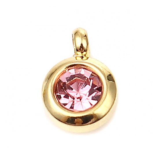 Picture of 304 Stainless Steel & Glass Birthstone Charms Gold Plated Pink Round June 9mm x 7mm, 2 PCs
