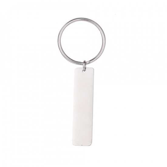 Picture of Stainless Steel Blank Stamping Tags Keychain & Keyring Silver Tone Rectangle One-sided Polishing 65mm x 25mm, 1 Piece