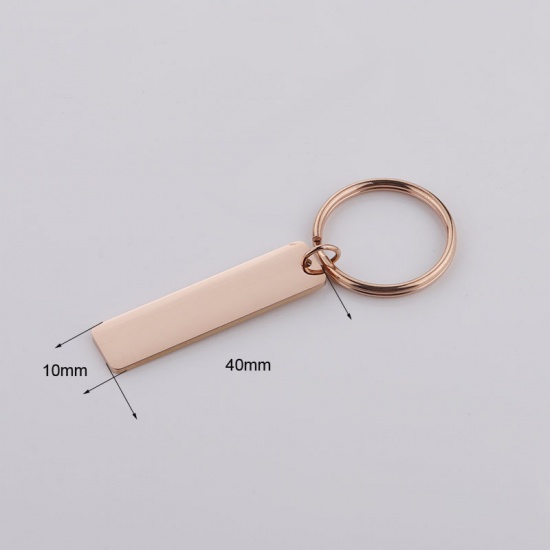 Picture of Stainless Steel Blank Stamping Tags Keychain & Keyring Rose Gold Rectangle One-sided Polishing 65mm x 25mm, 1 Piece