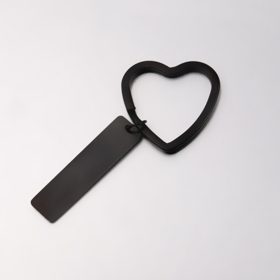 Picture of Stainless Steel Blank Stamping Tags Keychain & Keyring Black Rectangle Heart One-sided Polishing 71mm x 31mm, 1 Piece
