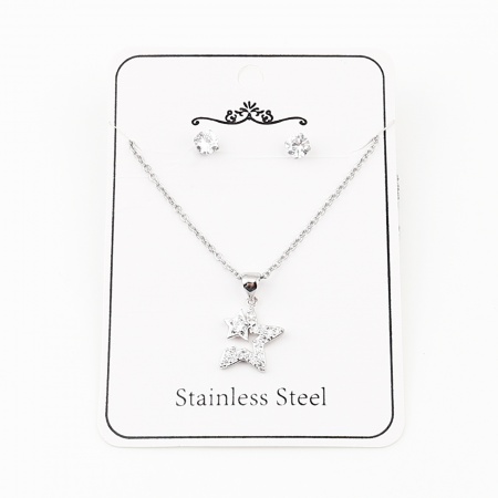 Immagine di Wholesale Round Star Clear Cubic Zirconia Jewelry Necklace Earrings Set, Silver Tone Stainless Steel & Brass Women's Galaxy Stylish Gift Jewelry For Retailer, 44cm(17.3") long, 0.5cm Dia., 1 Set