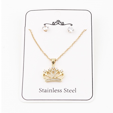 Immagine di Wholesale Round Crown Clear Cubic Zirconia Jewelry Necklace Earrings Set, Gold Plated Stainless Steel & Brass Women's Stylish Gift Jewelry For Retailer, 44cm(17.3") long, 0.5cm Dia., 1 Set
