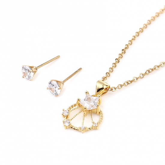 Stainless Steel & Copper Galaxy Jewelry Necklace Earrings Set Gold Plated Round Star Clear Cubic Zirconia 44cm(17 3/8") long, 0.5cm Dia., Post/ Wire Size: (21 gauge), 1 Set の画像