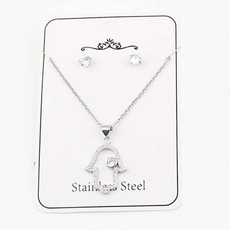 Immagine di Wholesale Round Hamsa Symbol Hand Micro Pave Clear Cubic Zirconia Jewelry Necklace Earrings Set, Silver Tone Stainless Steel & Brass Women's Religious Stylish Gift Jewelry For Retailer, 44cm(17.3") long, 0.5cm Dia., 1 Set
