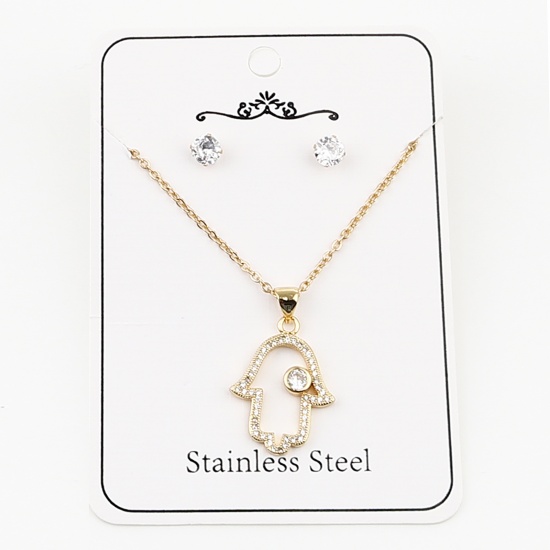 Stainless Steel & Copper Religious Jewelry Necklace Earrings Set Gold Plated Round Hamsa Symbol Hand Micro Pave Clear Cubic Zirconia 44cm(17 3/8") long, 0.5cm Dia., Post/ Wire Size: (21 gauge), 1 Set の画像