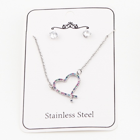 Immagine di Wholesale Round Heart Micro Pave Multicolour Cubic Zirconia Jewelry Necklace Earrings Set, Silver Tone Stainless Steel & Brass Women's Valentine's Day Stylish Gift Jewelry For Retailer, 44cm(17.3") long, 0.5cm Dia., 1 Set