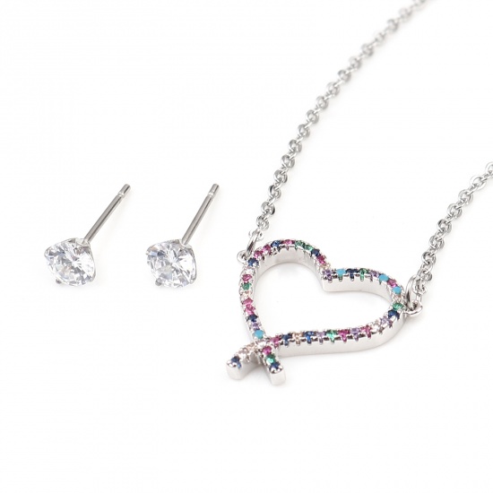 Picture of Stainless Steel & Copper Valentine's Day Jewelry Necklace Earrings Set Silver Tone Round Heart Micro Pave Multicolour Cubic Zirconia 44cm(17 3/8") long, 0.5cm Dia., Post/ Wire Size: (21 gauge), 1 Set