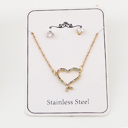 Immagine di Wholesale Round Heart Micro Pave Multicolour Cubic Zirconia Jewelry Necklace Earrings Set, Gold Plated Stainless Steel & Brass Women's Valentine's Day Stylish Gift Jewelry For Retailer, 44cm(17.3") long, 0.5cm Dia., 1 Set