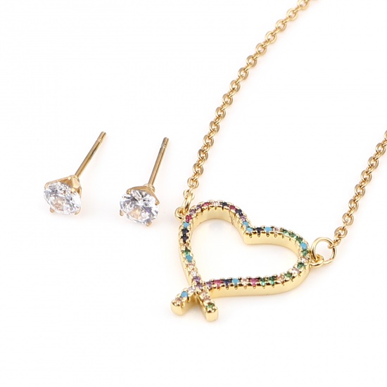 Bild von Stainless Steel & Copper Valentine's Day Jewelry Necklace Earrings Set Gold Plated Round Heart Micro Pave Multicolour Cubic Zirconia 44cm(17 3/8") long, 0.5cm Dia., Post/ Wire Size: (21 gauge), 1 Set