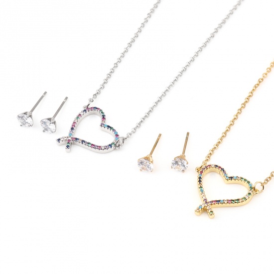 Picture of Stainless Steel & Copper Valentine's Day Jewelry Necklace Earrings Set Gold Plated Round Heart Micro Pave Multicolour Cubic Zirconia 44cm(17 3/8") long, 0.5cm Dia., Post/ Wire Size: (21 gauge), 1 Set