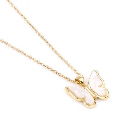 Picture of Stainless Steel & Copper Insect Necklace Gold Plated Creamy-White Butterfly Animal 44cm(17 3/8") long, 1 Piece