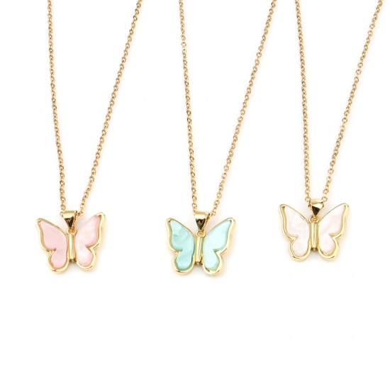 Picture of Stainless Steel & Copper Insect Necklace Gold Plated Creamy-White Butterfly Animal 44cm(17 3/8") long, 1 Piece