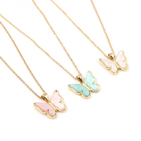 Picture of Stainless Steel & Copper Insect Necklace Gold Plated Green Butterfly Animal 44cm(17 3/8") long, 1 Piece