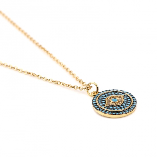 Picture of Stainless Steel & Copper Micro Pave Necklace Gold Plated Round Eye Green Blue Rhinestone 44cm(17 3/8") long, 1 Piece