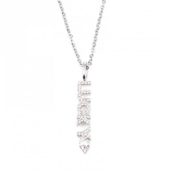 Immagine di Stainless Steel & Copper Necklace Silver Tone Message " Lucky " Clear Cubic Zirconia 44cm(17 3/8") long, 1 Piece