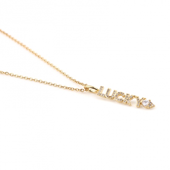 Immagine di Stainless Steel & Copper Necklace Gold Plated Message " Lucky " Clear Cubic Zirconia 44cm(17 3/8") long, 1 Piece