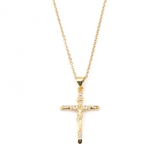 Immagine di Stainless Steel & Copper Religious Necklace Gold Plated Cross Jesus Clear Cubic Zirconia 44cm(17 3/8") long, 1 Piece