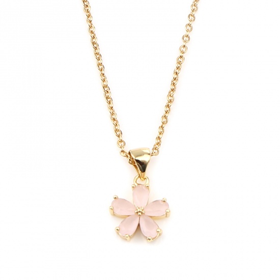 Immagine di Stainless Steel & Copper Necklace Gold Plated Flower Pink Cubic Zirconia 44cm(17 3/8") long, 1 Piece