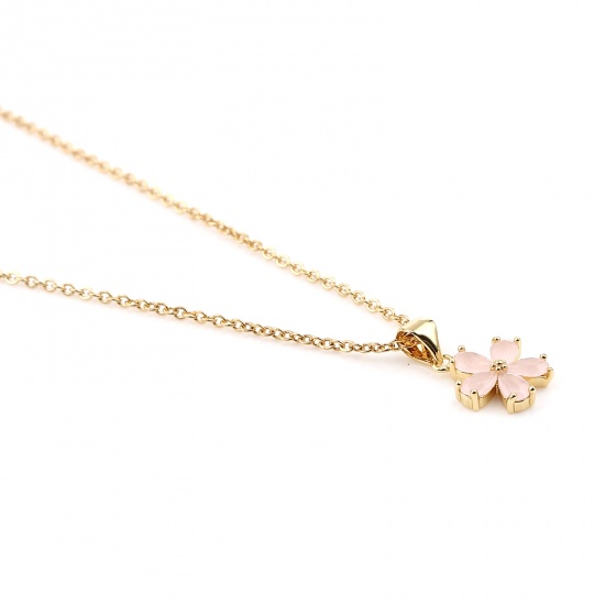 Immagine di Stainless Steel & Copper Necklace Gold Plated Flower Pink Cubic Zirconia 44cm(17 3/8") long, 1 Piece