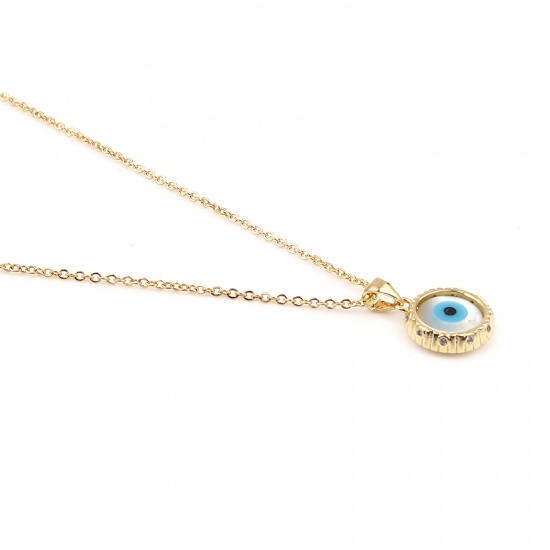 Immagine di Stainless Steel & Copper Religious Necklace Gold Plated White & Blue Round Evil Eye 44cm(17 3/8") long, 1 Piece