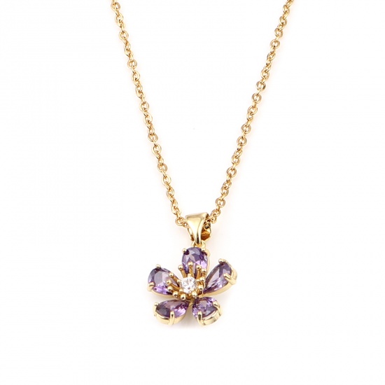 Immagine di Stainless Steel & Copper Necklace Gold Plated Flower Purple Cubic Zirconia 44cm(17 3/8") long, 1 Piece