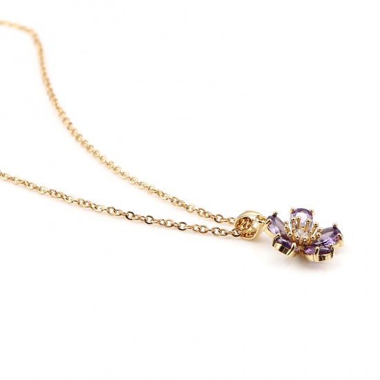 Immagine di Stainless Steel & Copper Necklace Gold Plated Flower Purple Cubic Zirconia 44cm(17 3/8") long, 1 Piece