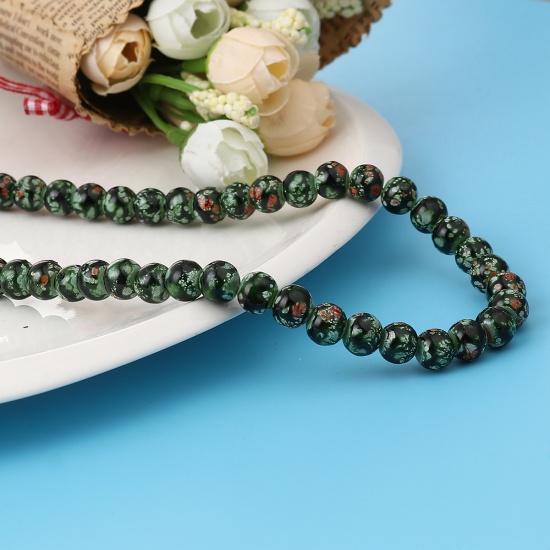 Picture of Glass Beads Round Black & Green About 8mm Dia, Hole: Approx 1.2mm, 75cm(29 4/8") long, 2 Strands (Approx 105 PCs/Strand)