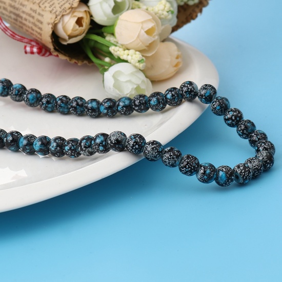 Picture of Glass Beads Round Blue & Black About 8mm Dia, Hole: Approx 1.2mm, 75cm(29 4/8") long, 2 Strands (Approx 105 PCs/Strand)